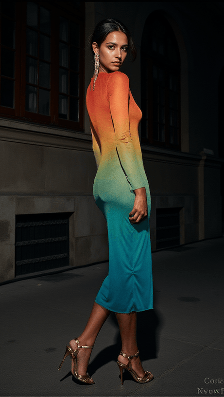 CELESTIAL OMBRE LONG SLEEVE MESH MIDI DRESS
