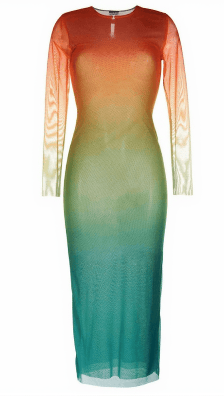 CELESTIAL OMBRE LONG SLEEVE MESH MIDI DRESS