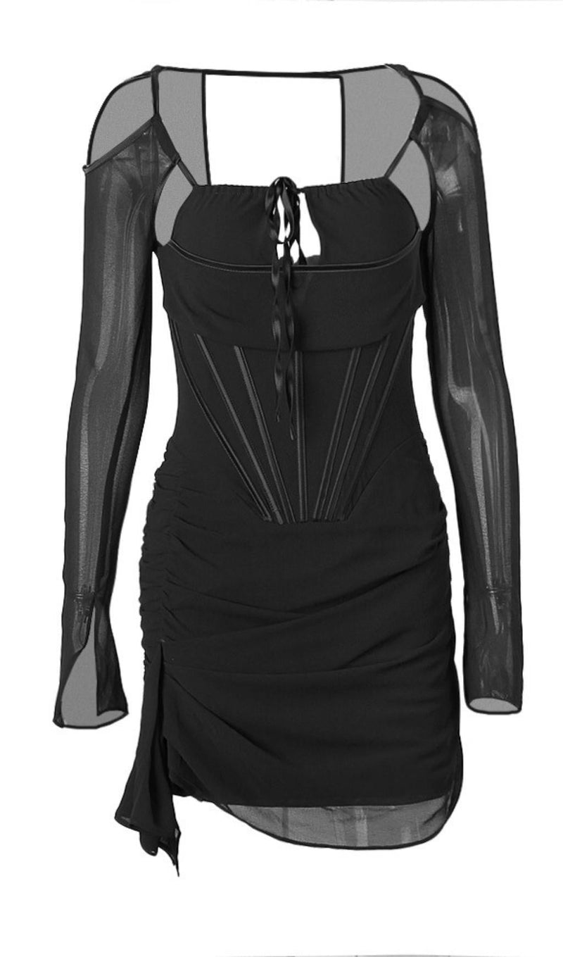 FISHBONE LONG SLEEVE DRESS  IN BLACK