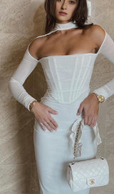 MESH CORSET MIDI DRESS IN WHITE