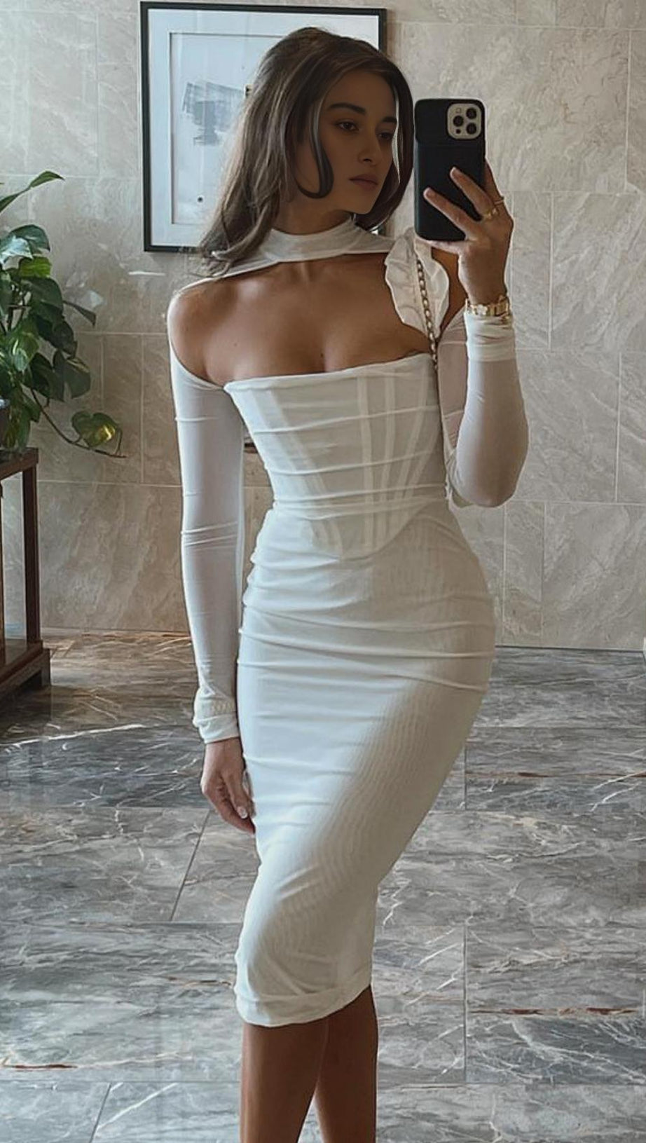MESH CORSET MIDI DRESS IN WHITE