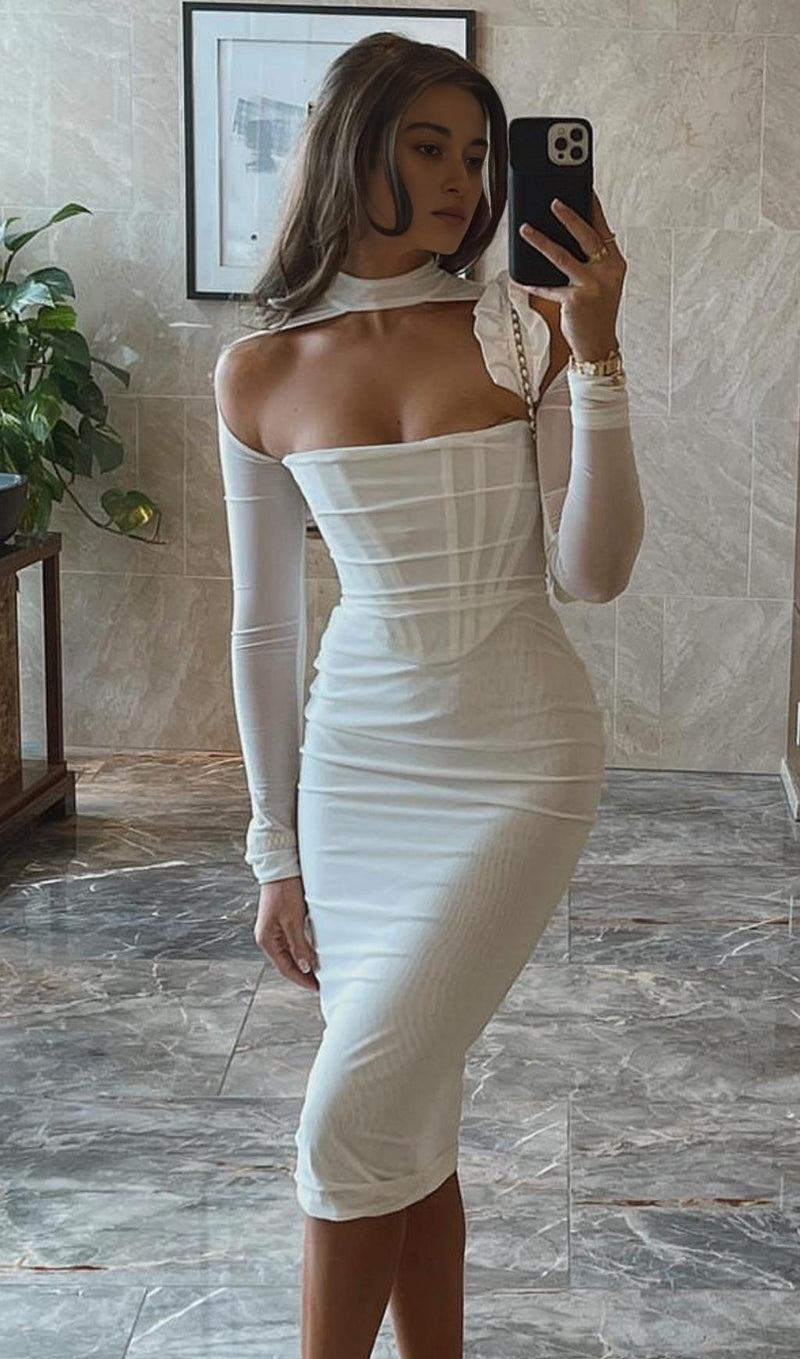 MESH CORSET MIDI DRESS IN WHITE