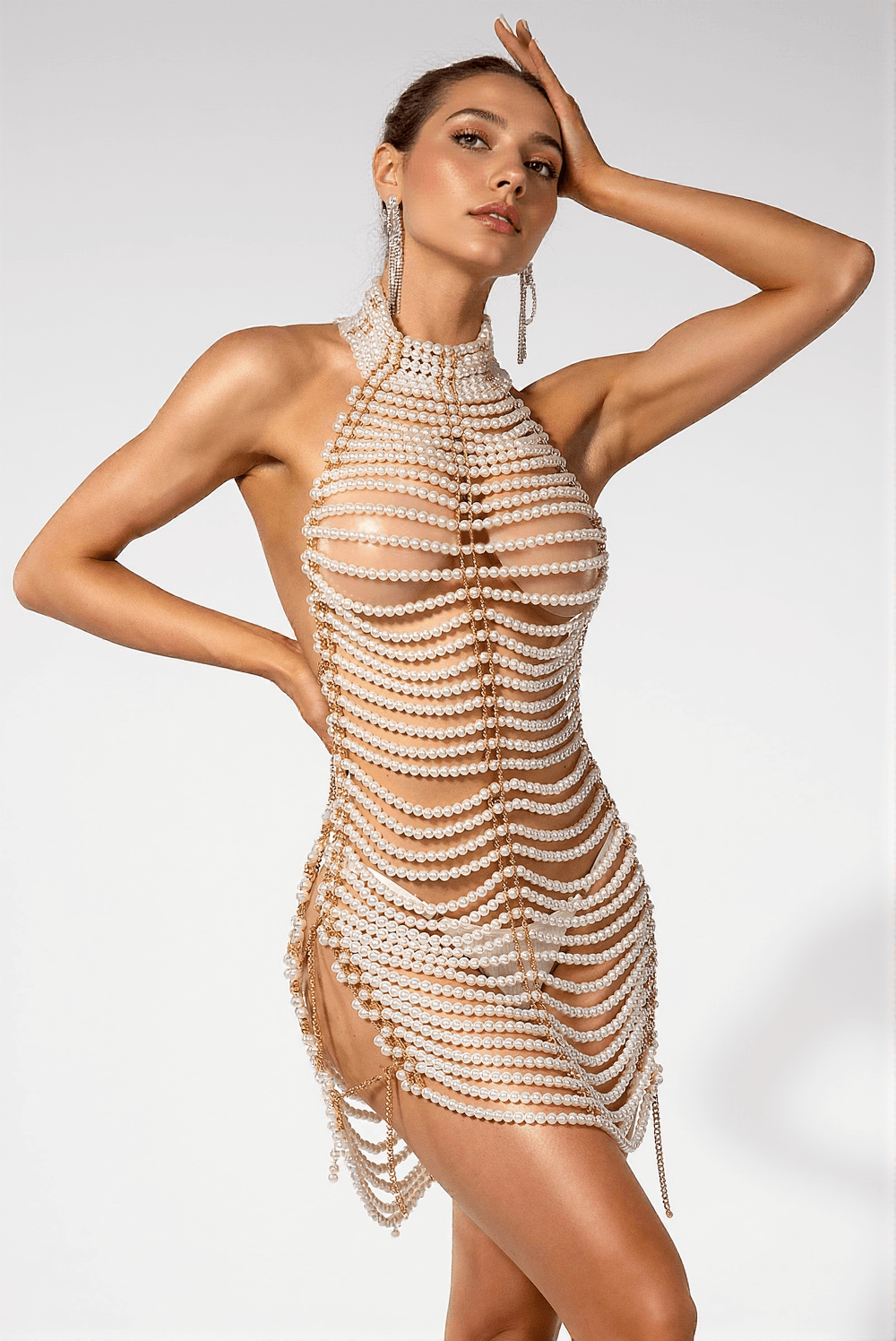 EIRINI BEAD BACKLESS HALTER DRESS