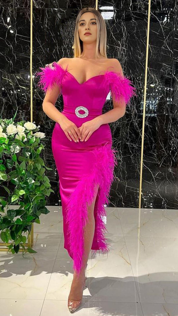 AIIZIE SPLIT FEATHER MAXI DRESS IN PINK - product image