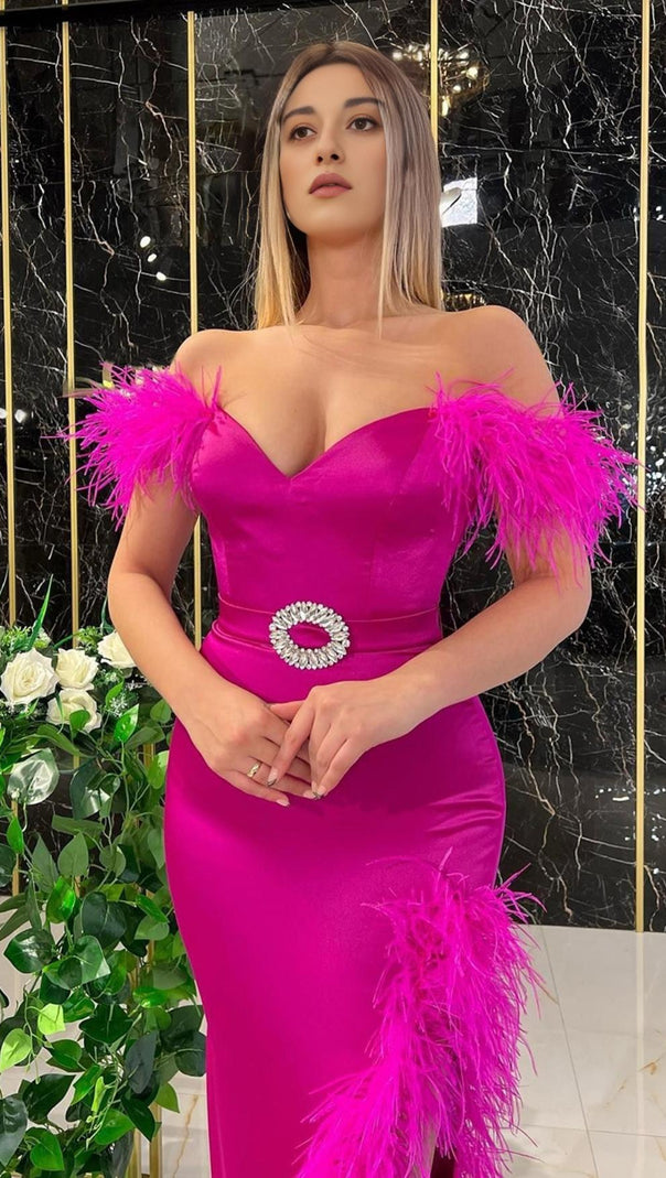 AIIZIE SPLIT FEATHER MAXI DRESS IN PINK - product image