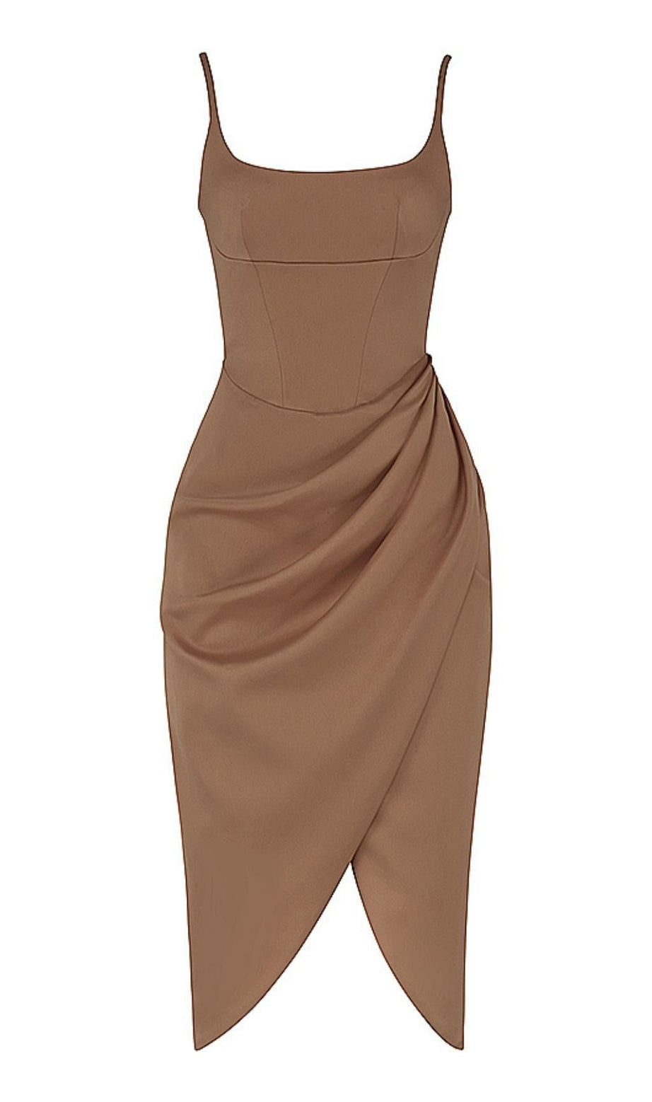 ABITO MIDI IN RASO MARRONE