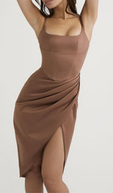 SATIN MIDI DRESS IN BROWN