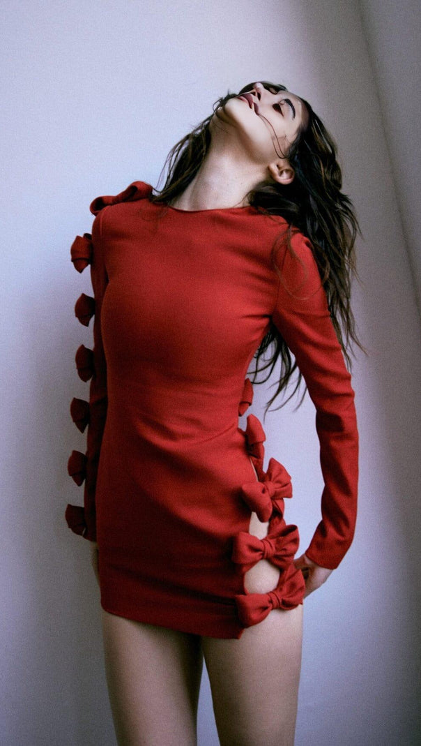 AIIZIE BOW CREWNECK MINI DRESS IN RED - product image