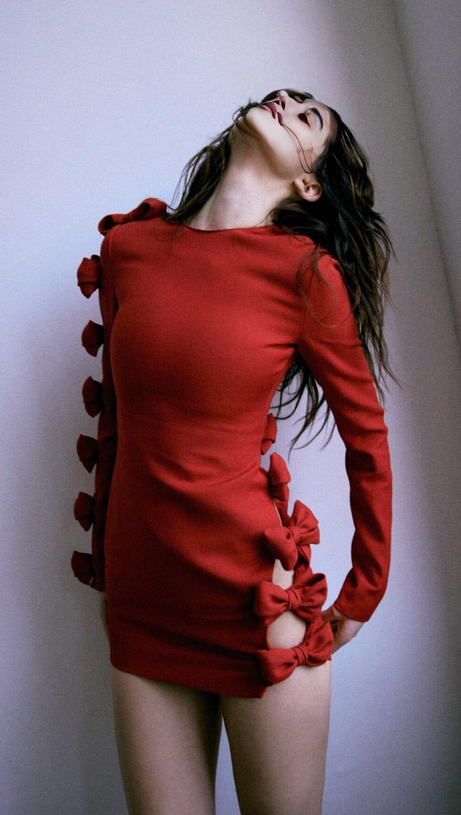 BOW CREWNECK MINI DRESS IN RED