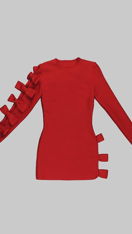 BOW CREWNECK MINI DRESS IN RED