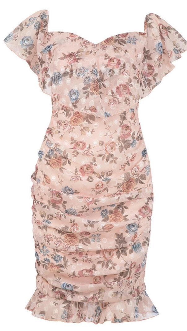 Printed Flower Midi Dress in Pink