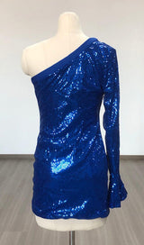 BLUE SEQUIN ONE SHOULDER BODYCON DRESS