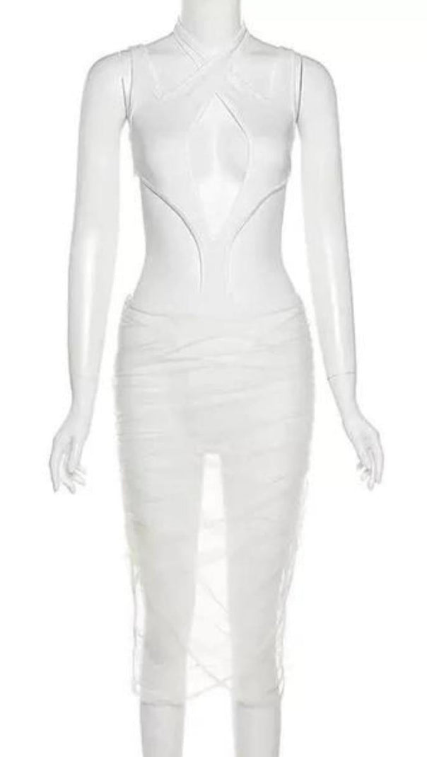 AIIZIE CUT OUT MESH MIDI DRESS IN BLACK - product image