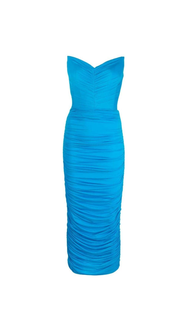 Blue Ruched Strapless Midi Dress
