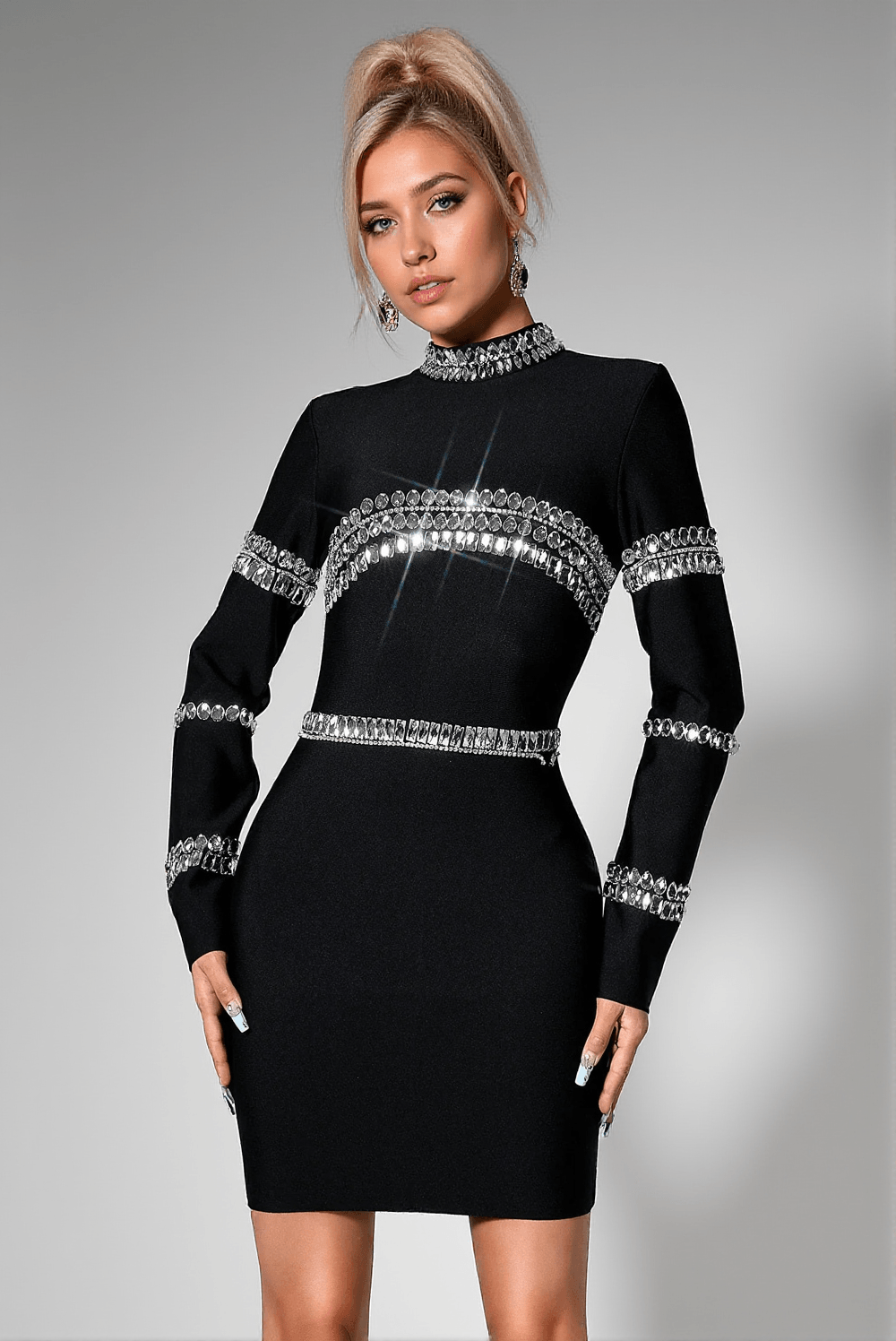 CADY RHINESTONE BLACK BANDAGE DRESS
