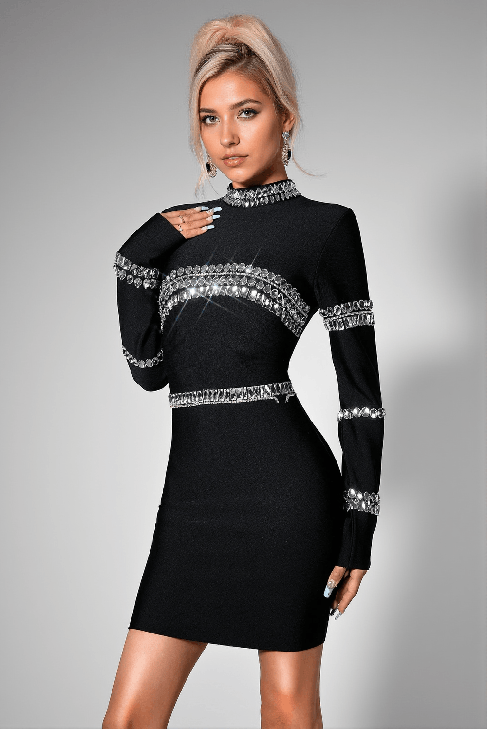 CADY RHINESTONE BLACK BANDAGE DRESS