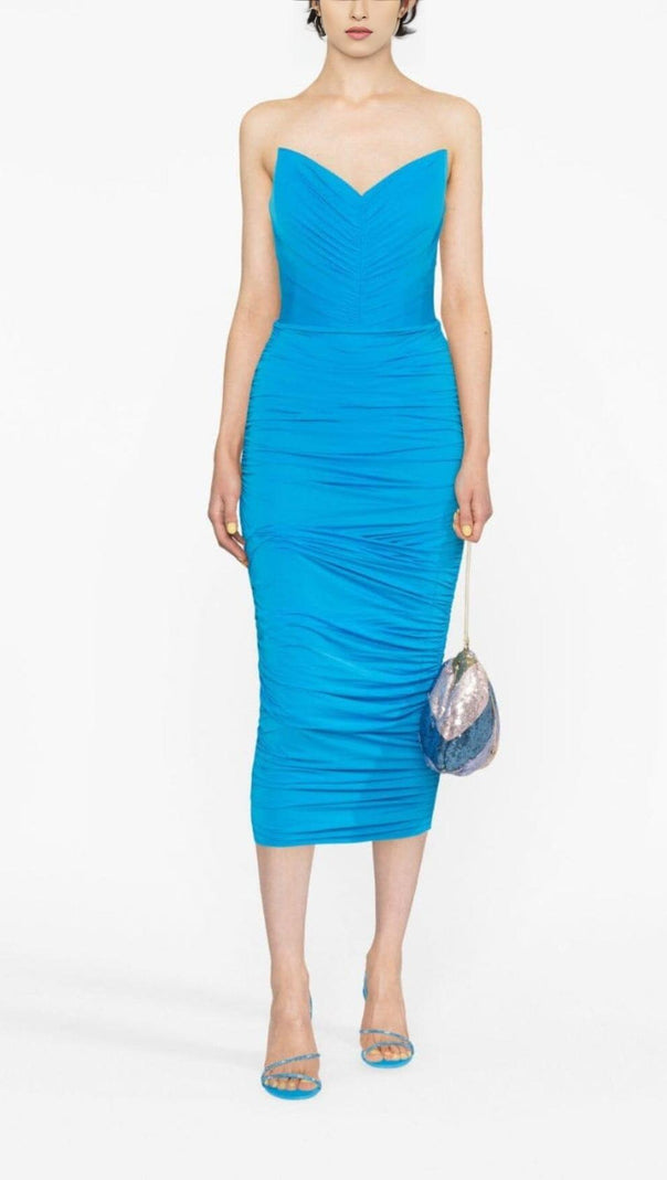 Blue Ruched Strapless Midi Dress