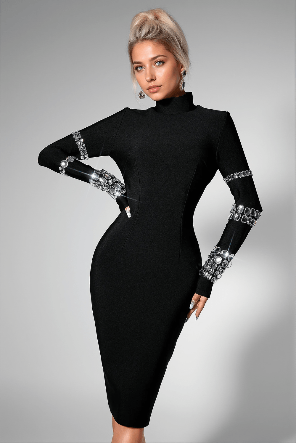 CAIERRA RHINESTONE LONG SLEEVE MIDI DRESS