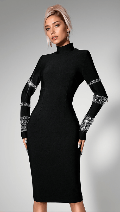 CAIERRA RHINESTONE LONG SLEEVE MIDI DRESS