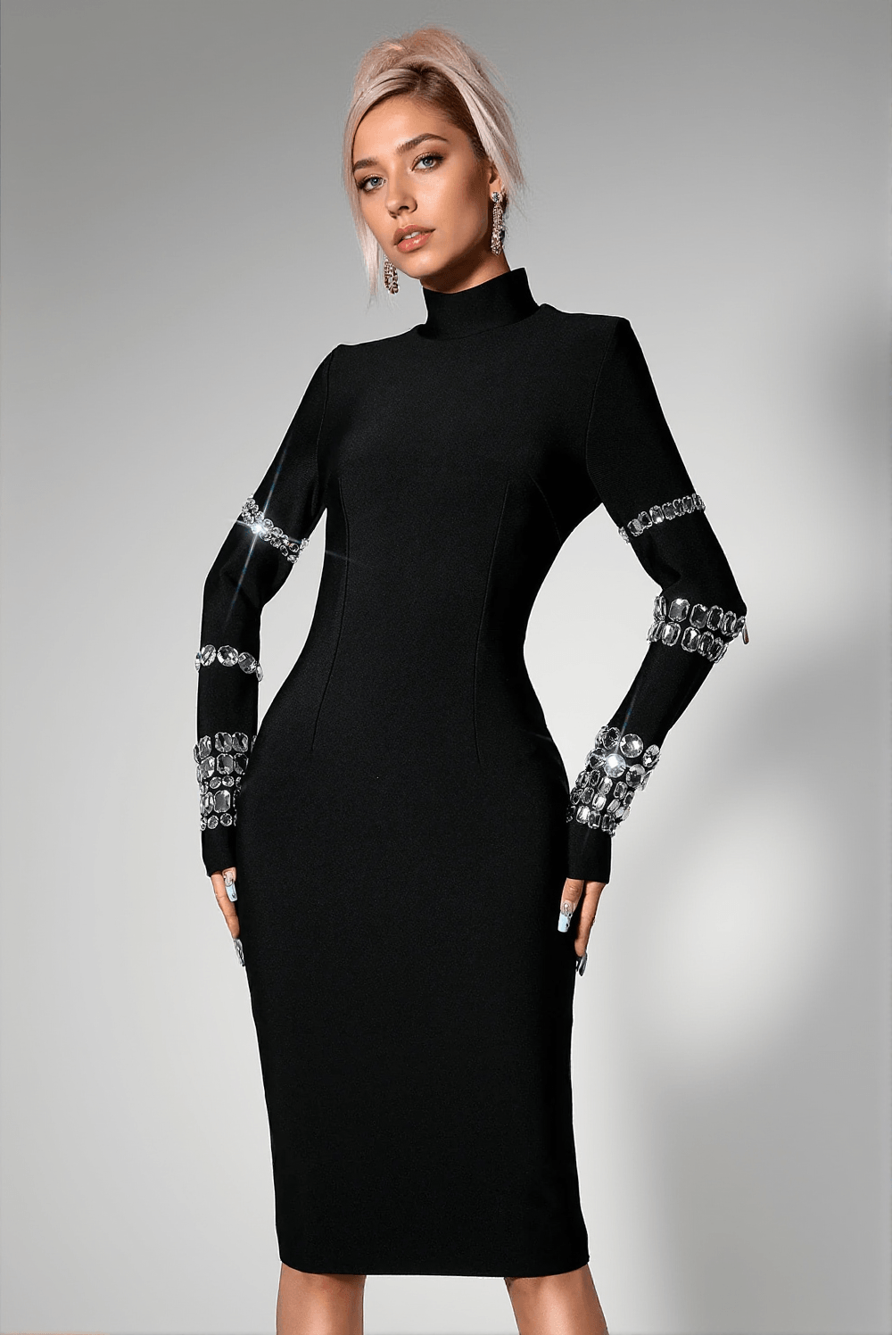 CAIERRA RHINESTONE LONG SLEEVE MIDI DRESS
