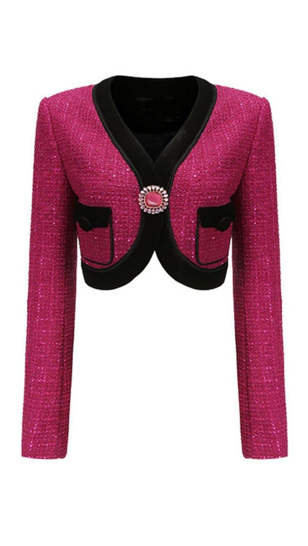 AIIZIE V NECK LONG SLEEVE PATCHWORK BUTTON VINTAGE SHORT COATS - product image