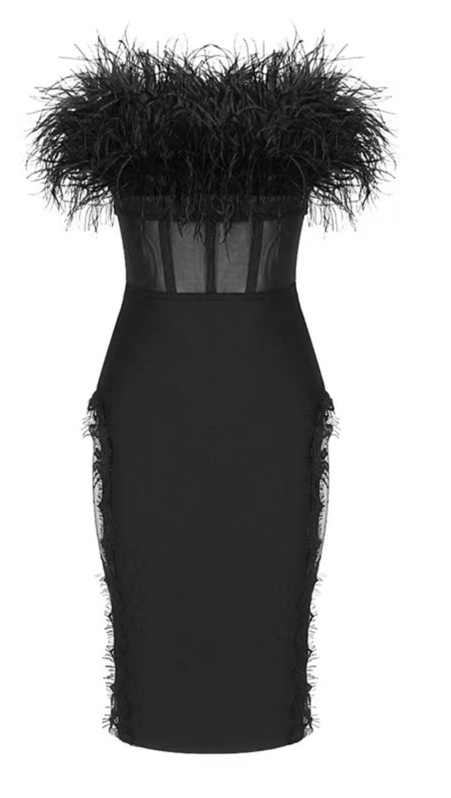 LACE FEATHER  DRESS IN BLACK