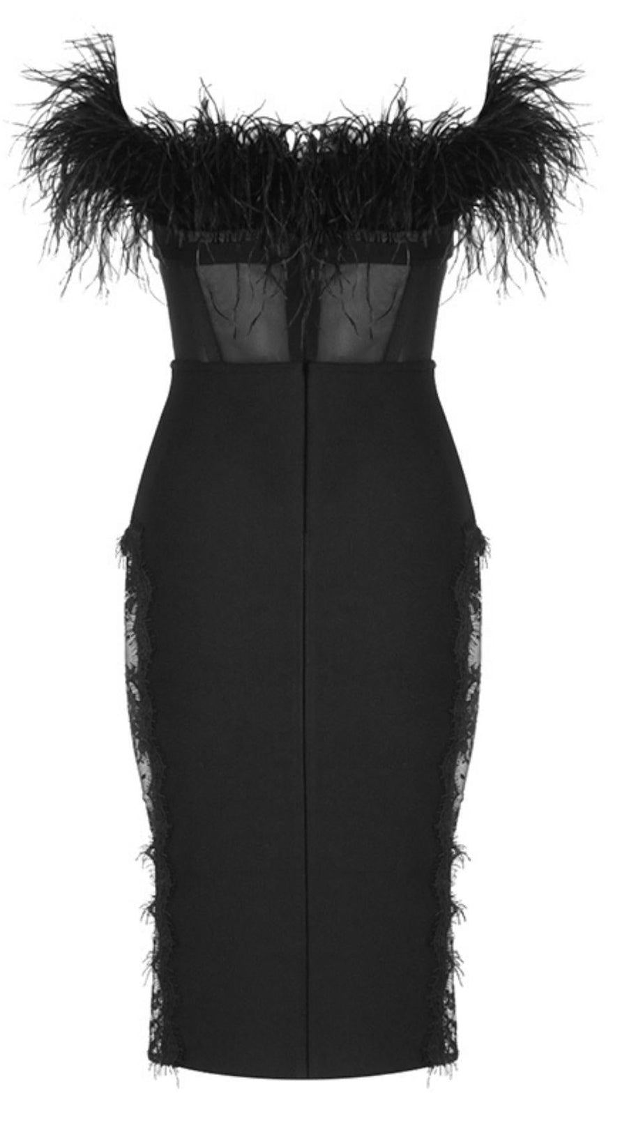 LACE FEATHER  DRESS IN BLACK