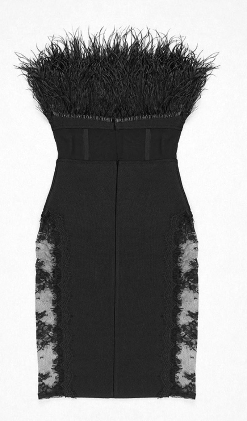 LACE FEATHER  DRESS IN BLACK