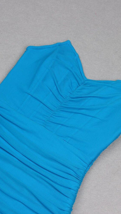 BLUE RUCHED STRAPLESS MIDI DRESS