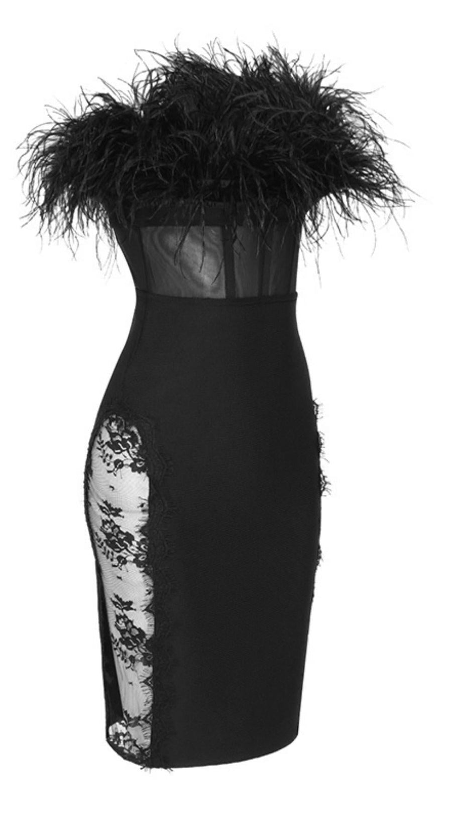 LACE FEATHER  DRESS IN BLACK