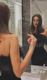 LACE FEATHER  DRESS IN BLACK