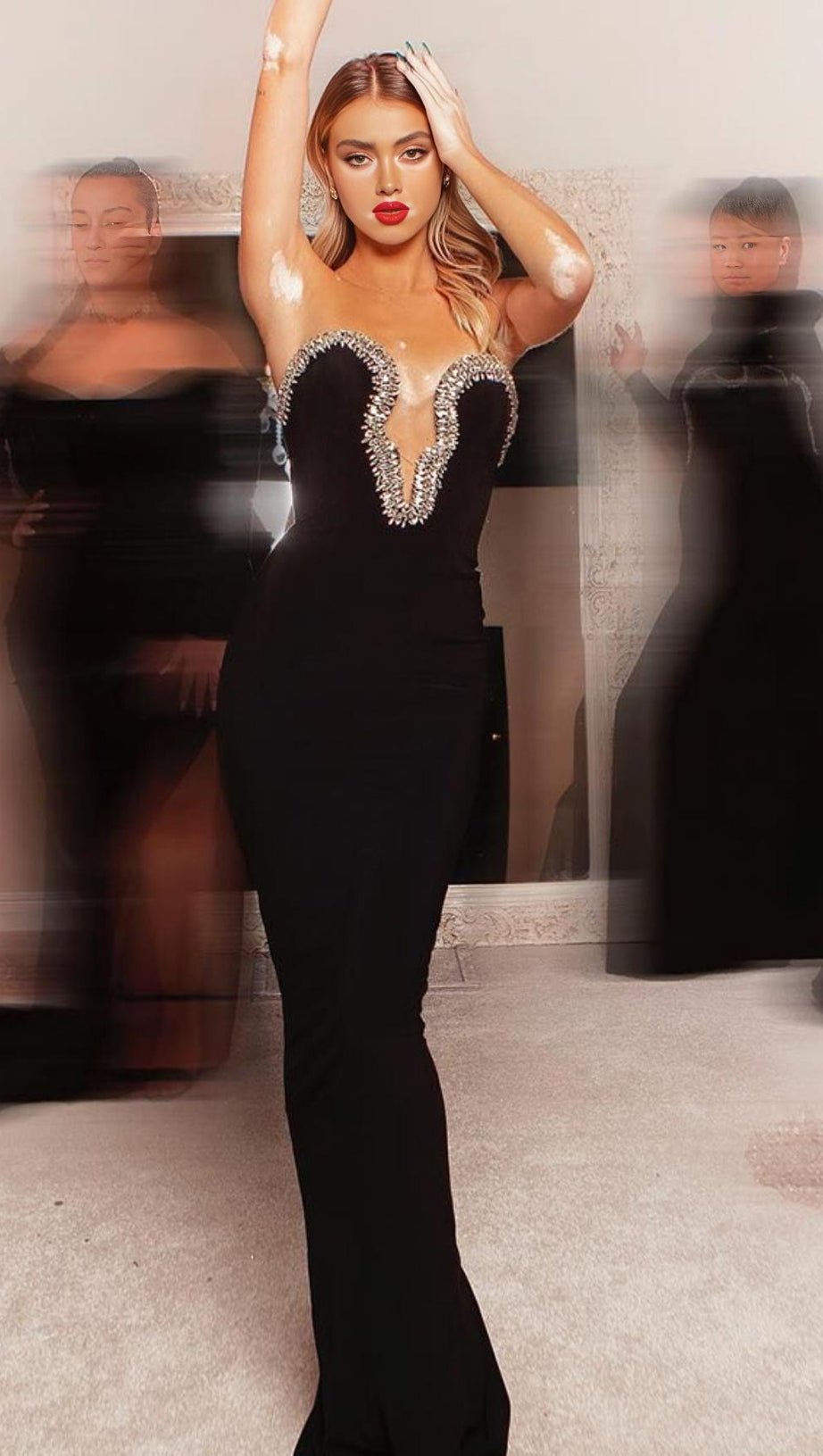 CRYSTAL EMBELLISHED  MIDI DRESS IN BIACK