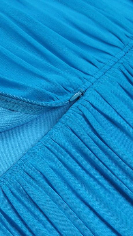 BLUE RUCHED STRAPLESS MIDI DRESS