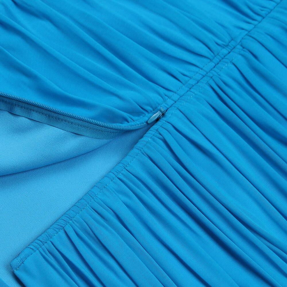 Blue Ruched Strapless Midi Dress