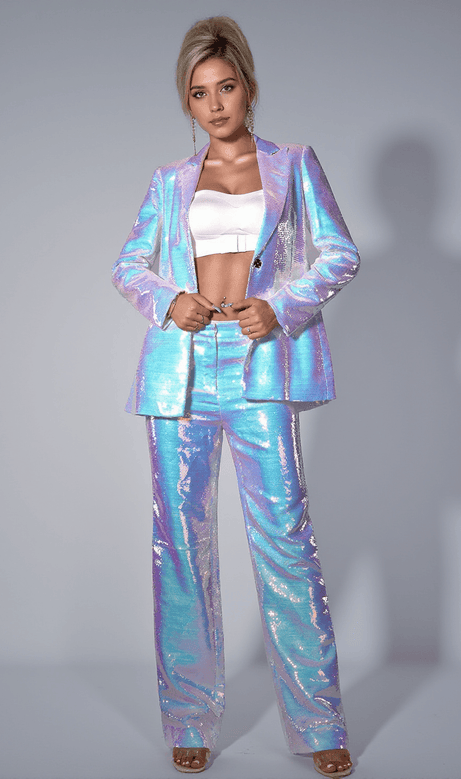 Brittiny Sequin Pocket White 2 Piece Blazer Set