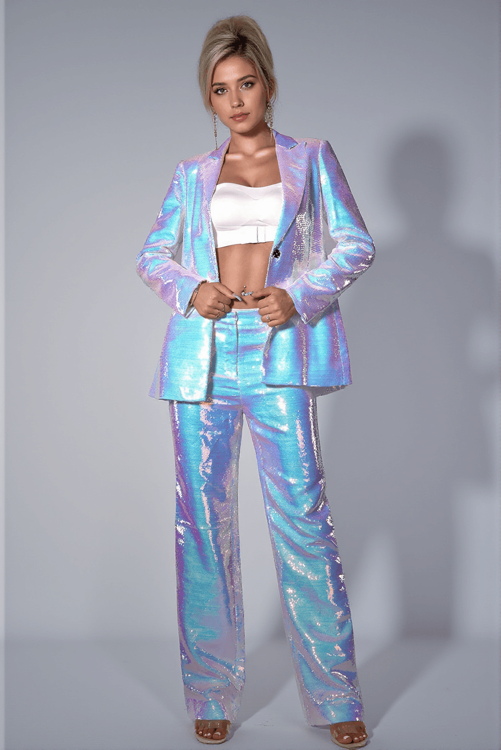 BRITTINY SEQUIN POCKET WHITE 2 PIECE BLAZER SET