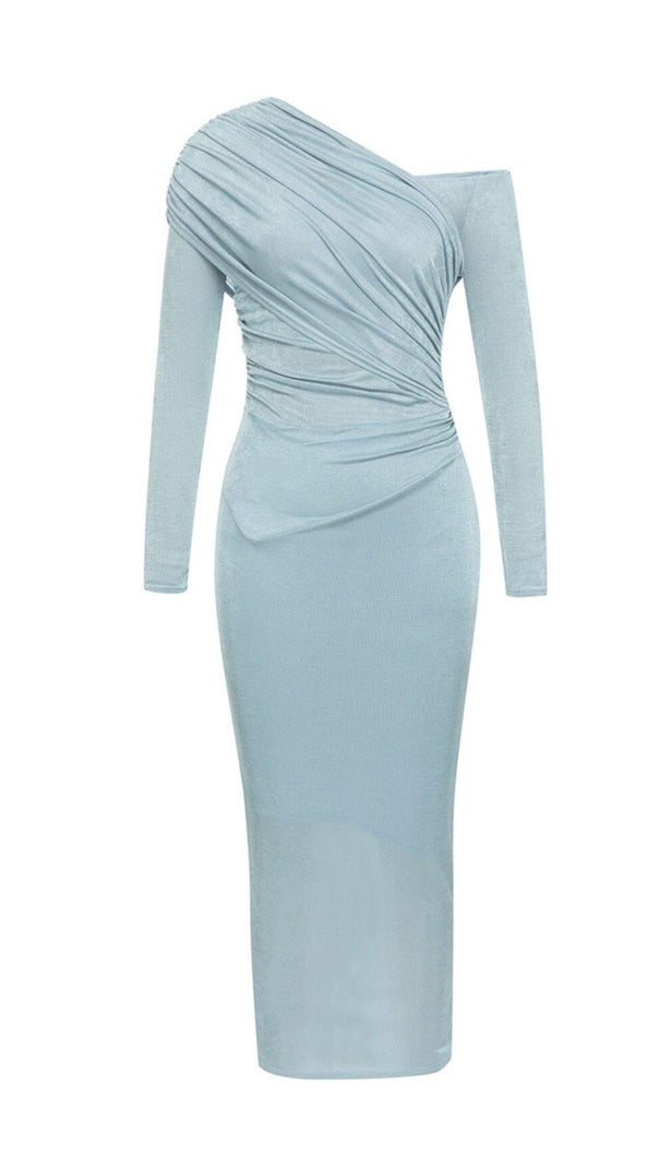 AIIZIE BLUE ONE-SHOULDER PLEATED BANDAGE MIDI DRESS - product image