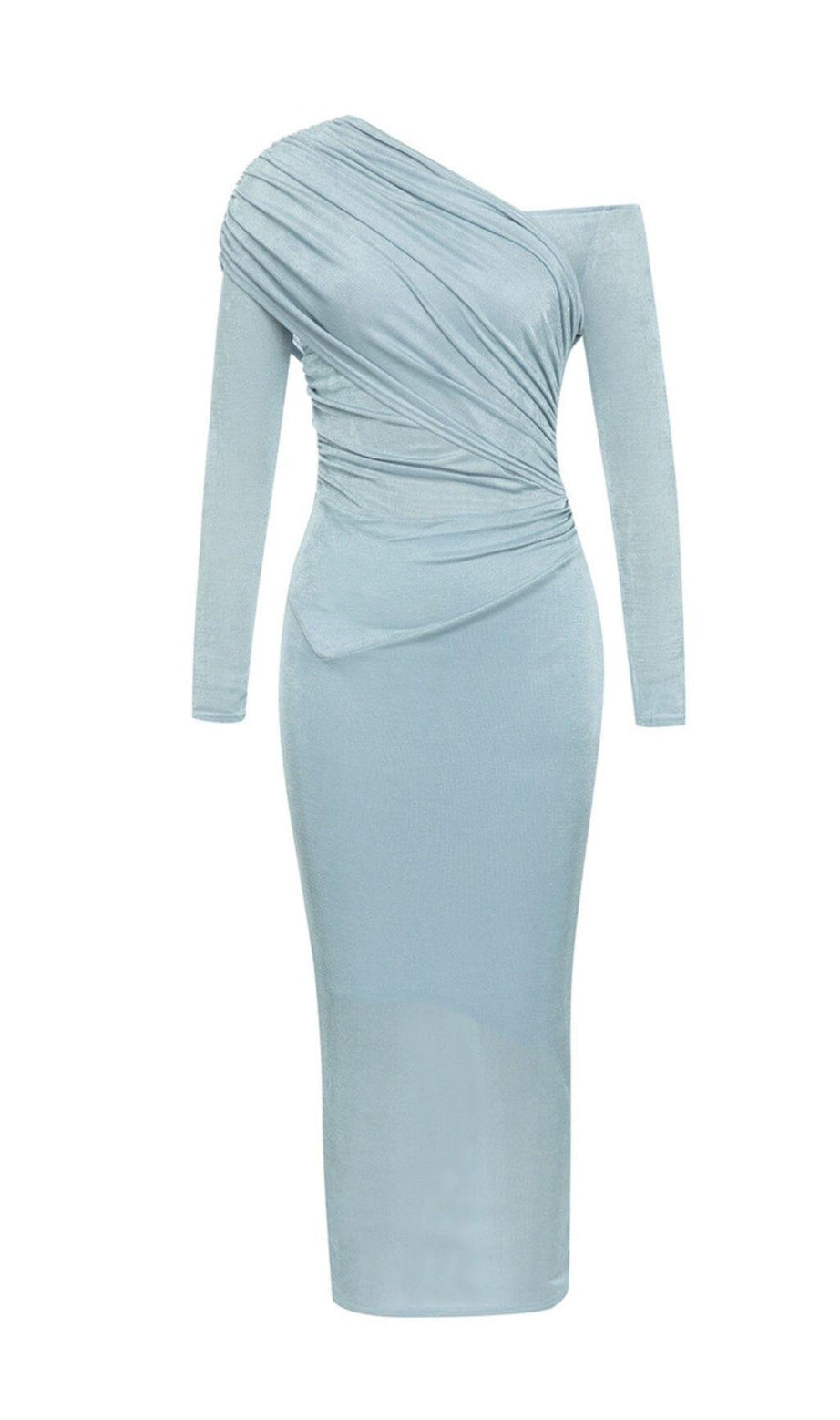 BLAUES MIDIKLEID MIT ONE-SHOULDER-PLISSEE-BANDAGE