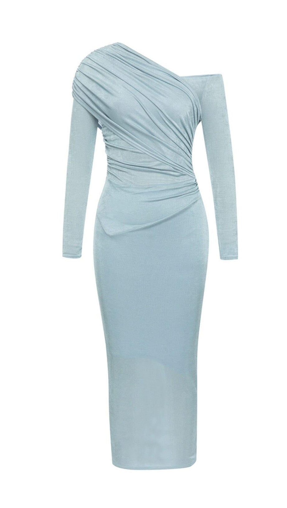 BLUE ONE-SHOULDER PLEATED BANDAGE MIDI DRESS