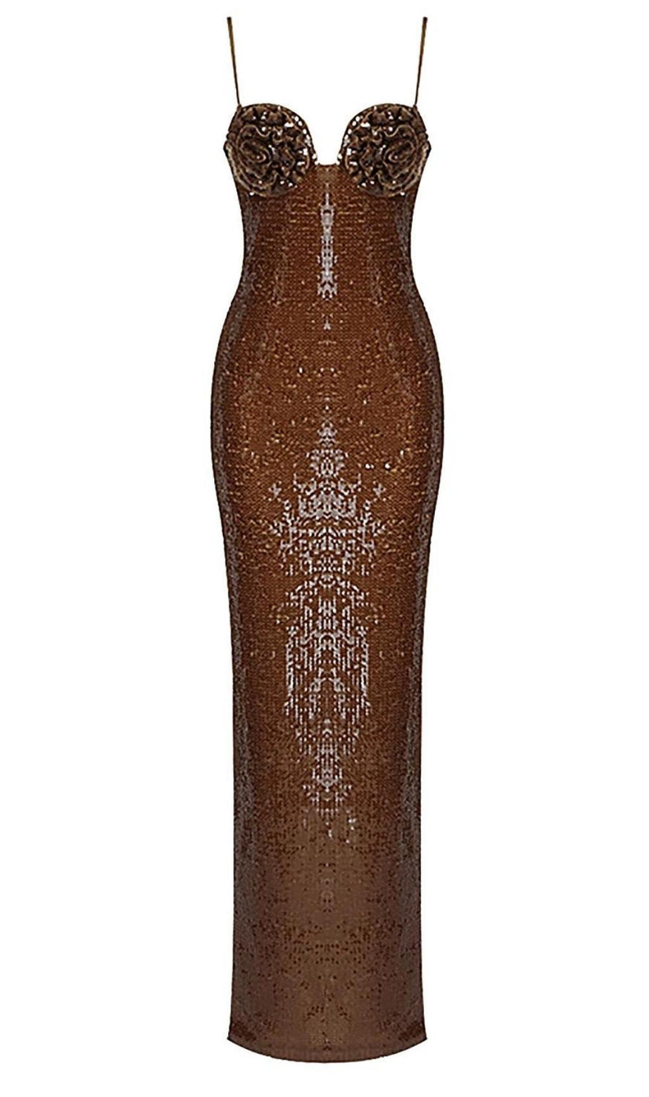 ABITO LUNGO CON PAILLETTES MARRONE