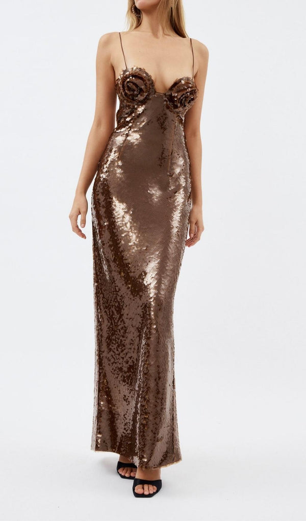 SEQUIN MAXI DRESS IN BROWN