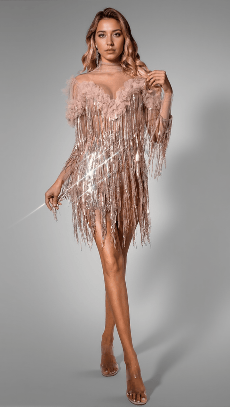 BRIONIE SEQUIN FRINGE FLOWER DRESS