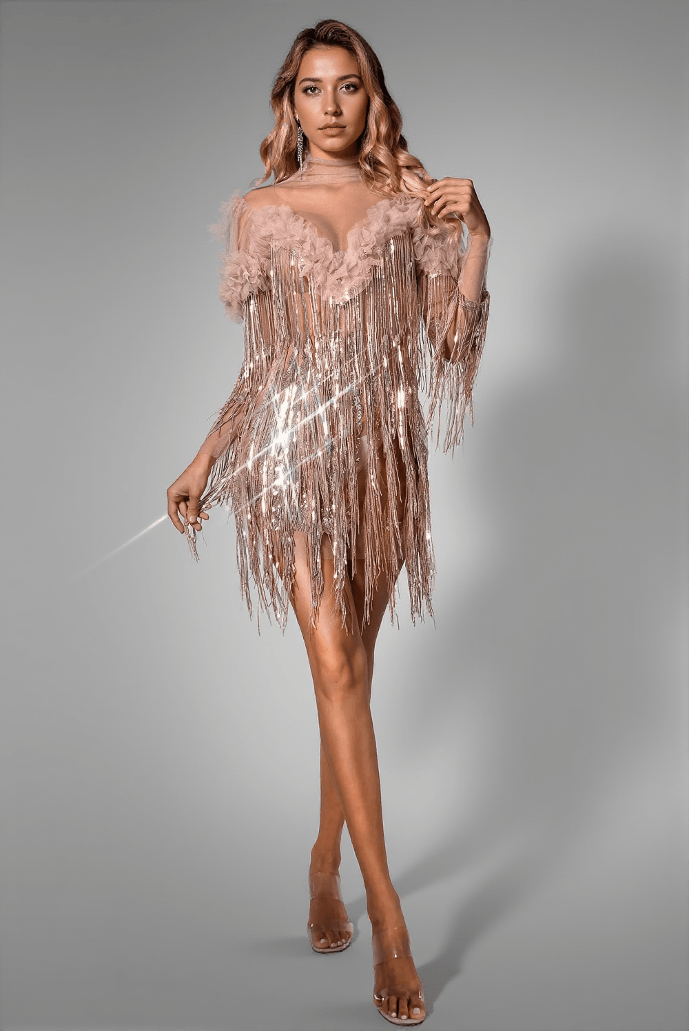 BRIONIE SEQUIN FRINGE FLOWER DRESS