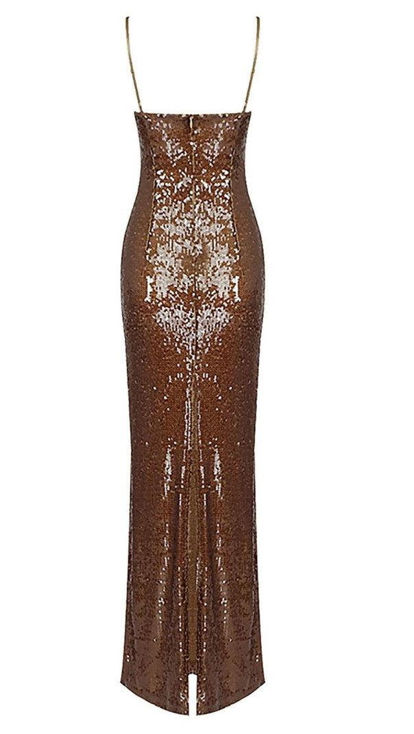 ABITO LUNGO CON PAILLETTES MARRONE