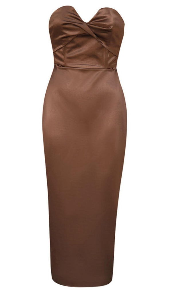 STRAPLESS  SPLIT DRESS IN BROWN