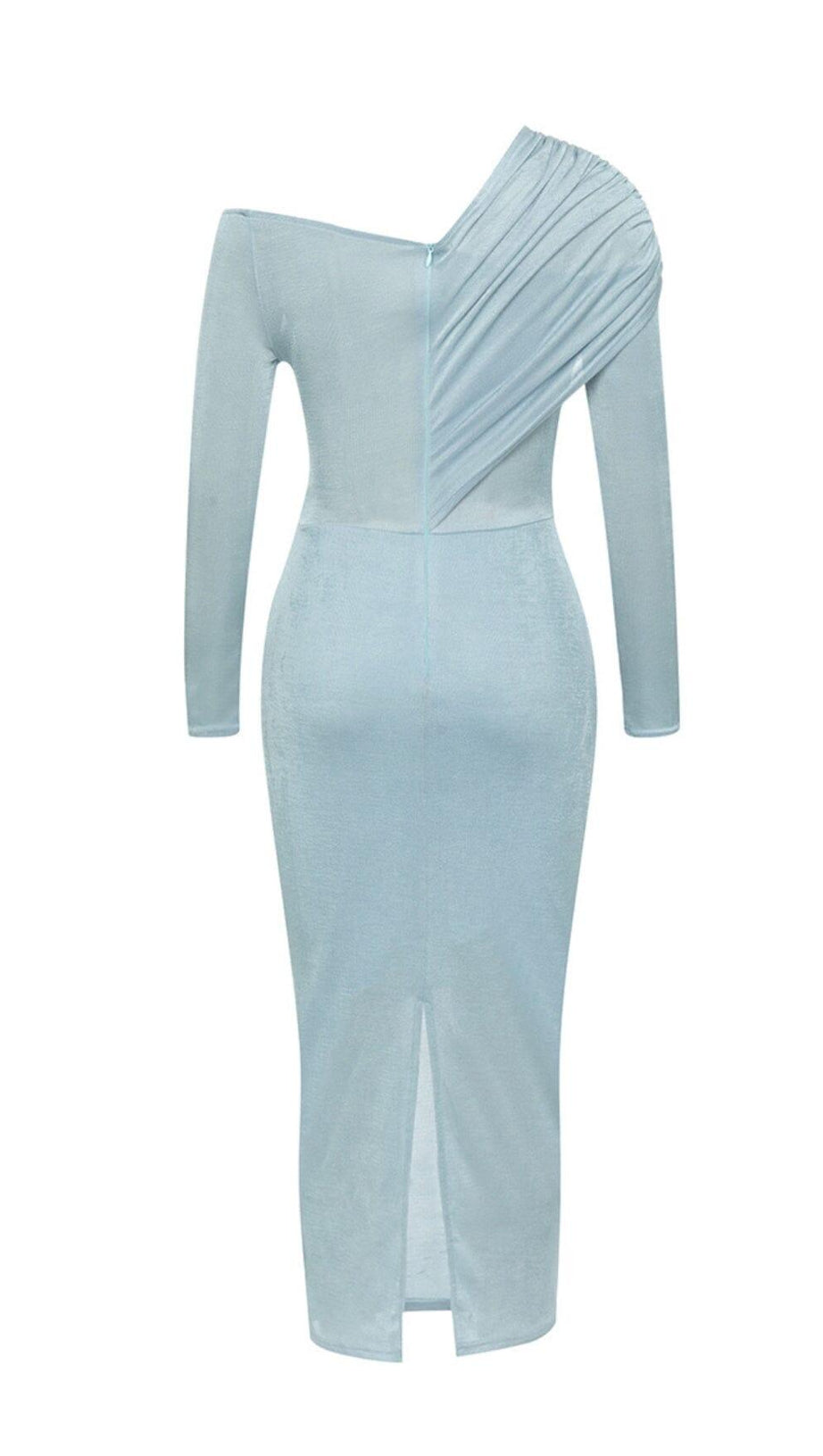 BLUE ONE-SHOULDER PLEATED BANDAGE MIDI DRESS