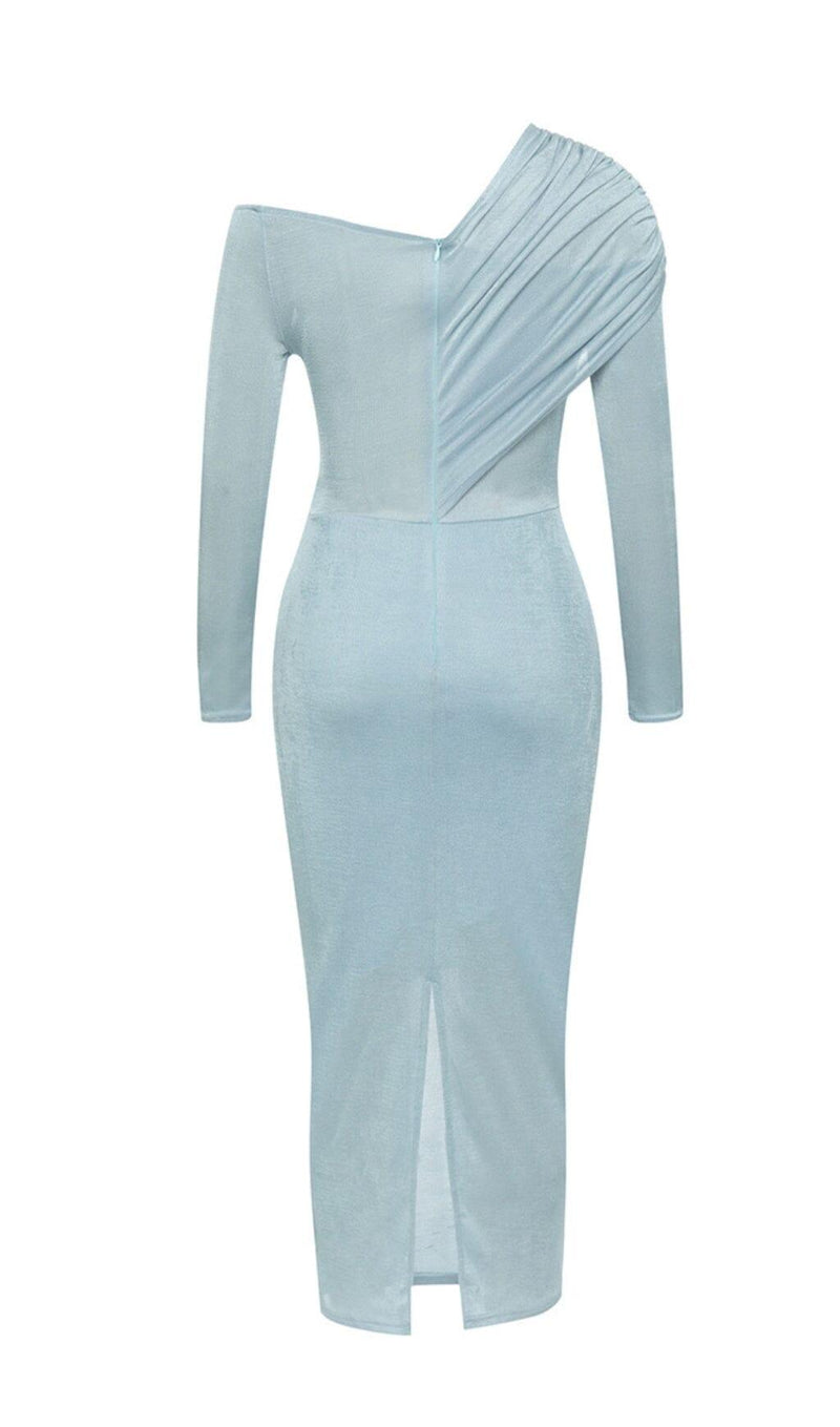 BLUE ONE-SHOULDER PLEATED BANDAGE MIDI DRESS