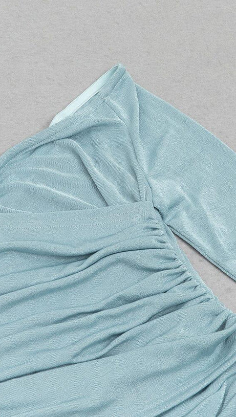 BLUE ONE-SHOULDER PLEATED BANDAGE MIDI DRESS