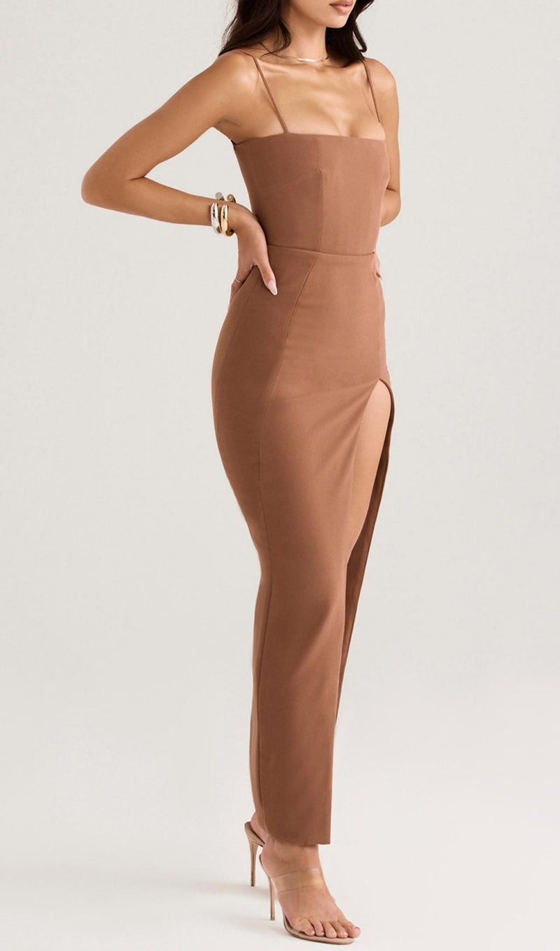 CORSET MAXI DRESS IN BROWN