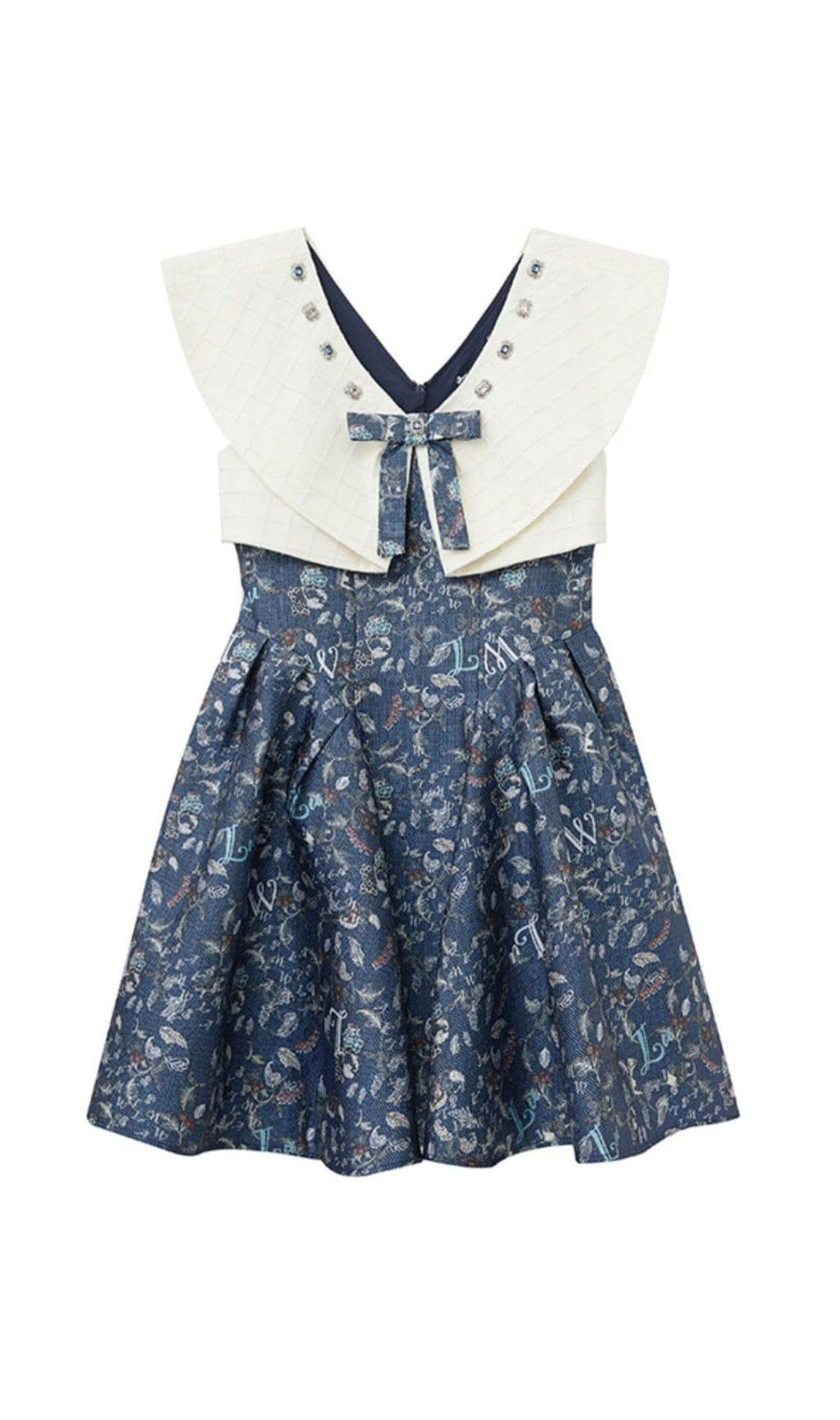 MINI ABITO FLOREALE SENZA MANICHE CON FIOCCO BLU, CINTURA E SCOLLO A CUORE